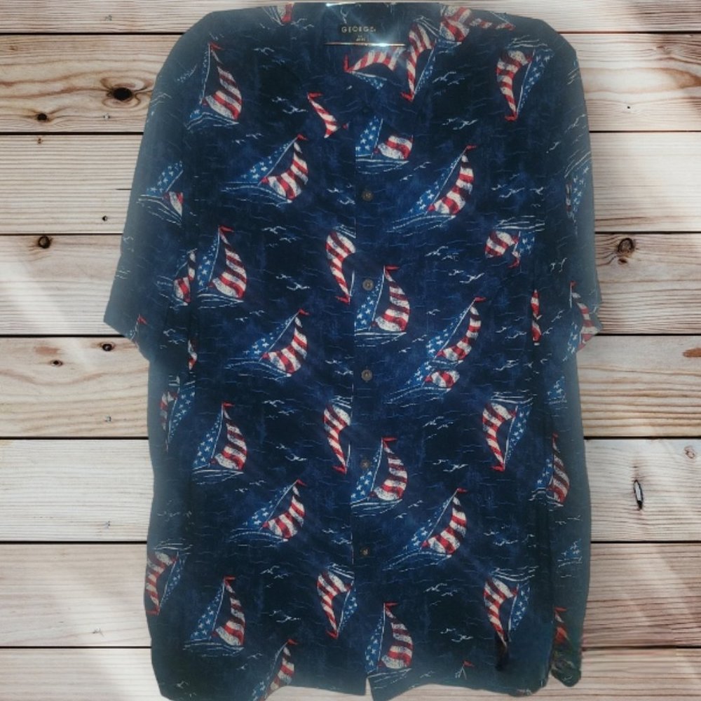 GEORGE - Blue Sailboat American Flag Button Up Shirt - LARGE 42-44